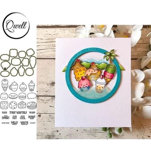 QWELL Dessert Humburge Metal Cutting Dies Match Clear Stamps Happy Birthday DIY Scrapbooking Craft Cards Making Template 2020