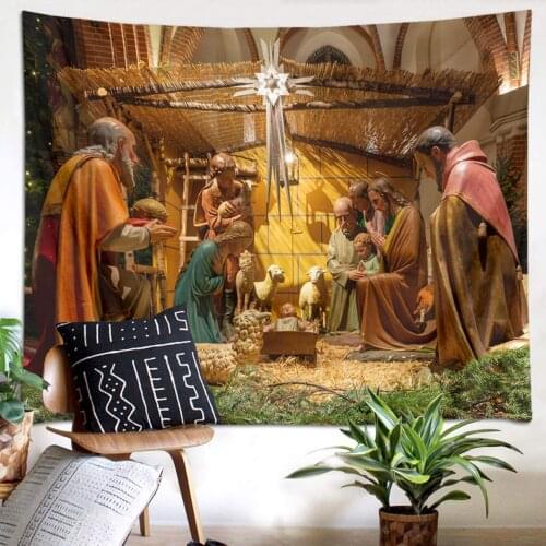 Christmas The Nativity Story Born of Jesus Christ Tapestry in Warm Night Xmas Eve Tapestry Wall Art Décor