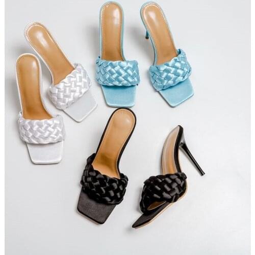 10cm Ultra high heels Women Slippers Fashion satin Corss strap Woven Female Mules Summer Female Vacation Beach Slides sandals