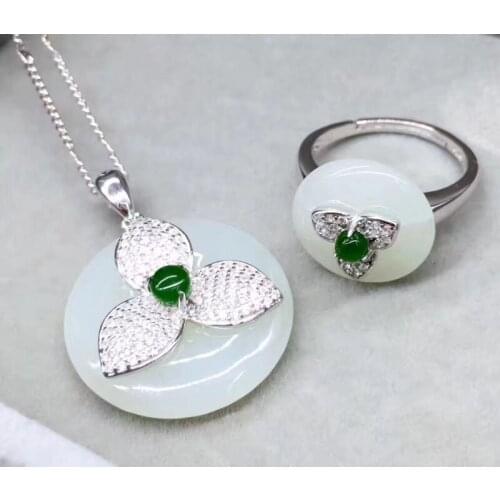 Xinjiang Hetian jade silver inlaid suit three leaf Fu Gu grass pendant ring Xinjiang Hetian jade white pendant female models