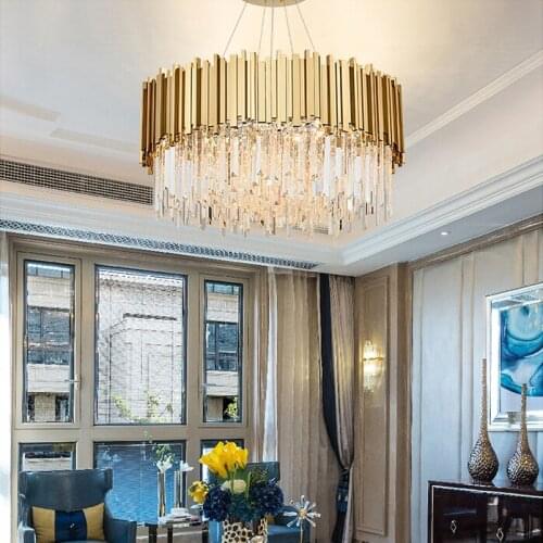 LED Postmodern Round Golden Stainless Steel Crystal Chandelier Lighting Lustre Suspension Luminaire Lampen For Dinning Room