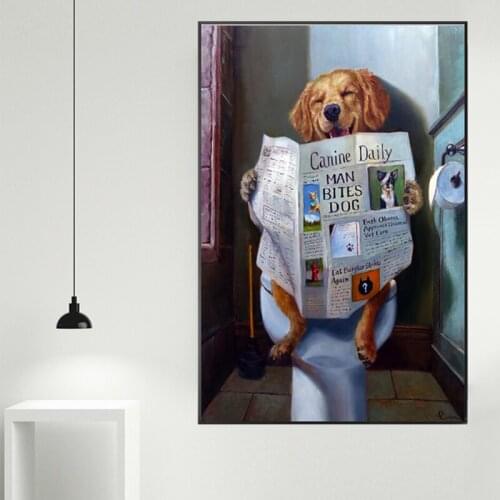 Smile Dog Read Newspaper Oil Canvas Painting Funny Animal Wall Art Poster And Prints Picture For Bathroom Toilet Decor Cuadros