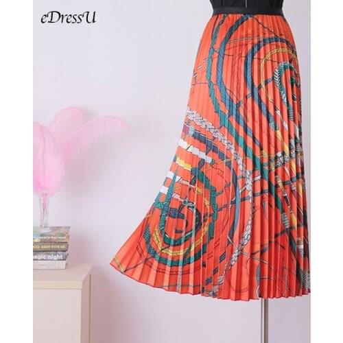EDressU Vintage Pleated Skirt Floral Print Midi Long Skirt A-Line Stretchy High Waist Bottom Skirt LS-9853