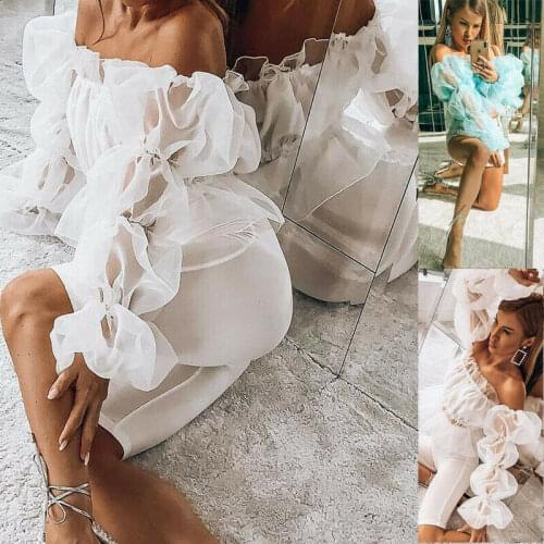 Women 2019 Sexy Off Shoulder Ruffles Mesh Sheer Shirt Palace Style Top