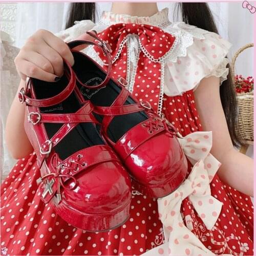 Red/black 2021 New Gothic Girls Punk Female Kawaii Japanese Cute Anime Lolita Shoes Women Platform Flats Feminine Goth Shoe