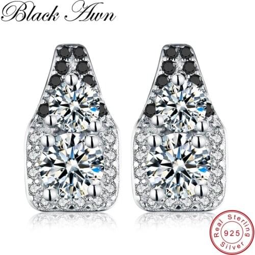 [BLACK AWN] Genuine 925 Sterling Silver Earrings Vintage Black Spinel Engagement Stud Earrings for Women Silver 925 Jewelry T012