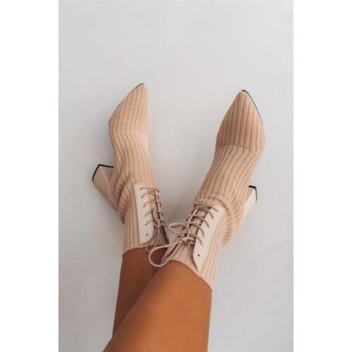 Women Knitting Short Boots Ladies Square Heel Ankle Boots Female Square Toe High Heels Office Ladies Commute Hot Sale 2020 New