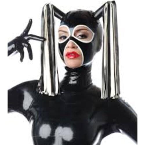 100% Latex hood Mask with black and white pigtails Halloween hood Rubber face mask latex gear for party