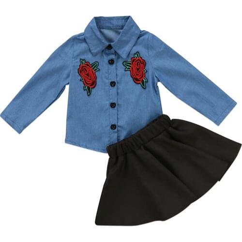2PCS Kids Baby Girls Rose Denim Shirt+Black Skirt Tutu Embroidery Outfits Clothes Set