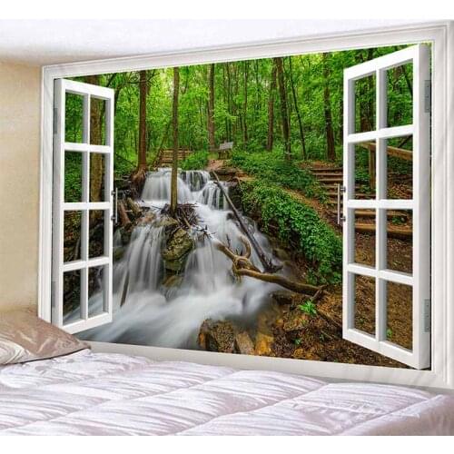 3D Window Natural Scenery Tapestry Wall Hanging Backdrop Decor Hippie Tapestry Wall Carpet Printed Psychedelic Tapestry Blanket