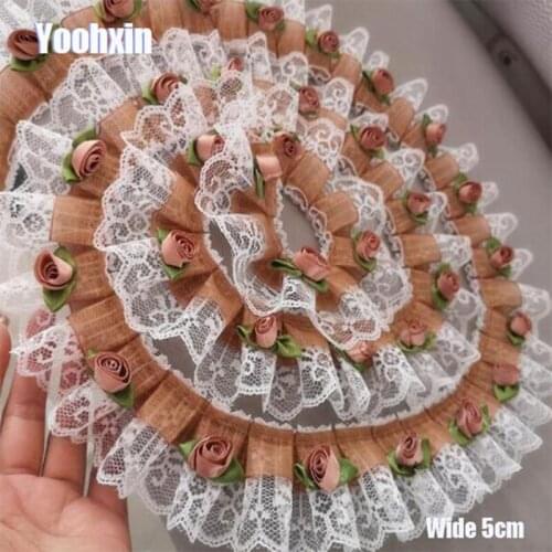 5CM Wide Modern Embroidery brown 3D rose flower lace fabric trim ribbon DIY sewing applique collar tassel dubai wedding decor