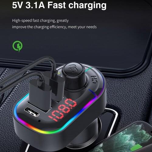 Dual USB Fast Charger Ambient Light Bluetooth 5.0 FM Transmitter Car Kit MP3 Modulator Player Wireless Handsfree Audio Receiver