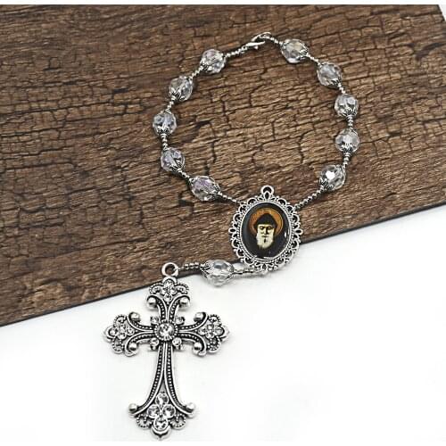 Rosary Bracelet Drop Shape Crystal Jesus Christ St. Charble Cross Bracelet Car Trim Pendant