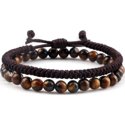 2Pcs/Set Black Woven Rope Bracelets 6MM Natural Stone Bead Elastic Bracelet&Bangle For Women/Men Jewelry Friendship Lucky Gift