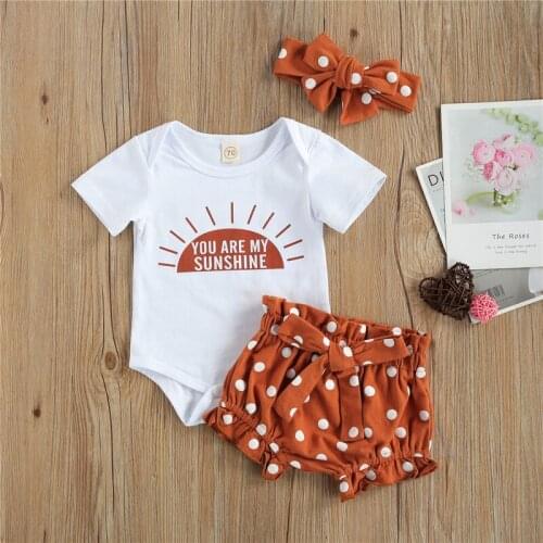 Toddler Baby Letter Spot Printing Three-pieces Set Cute Infant Girls O-neck Short Sleeve Bodysuit + Short Pants + Headband Set