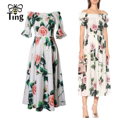 Tingfly Runway Rose Flower Print Vintage Slash Neck Midi Long Party Dinner Night Dresses Summer Elegant Retro Casual Robes D