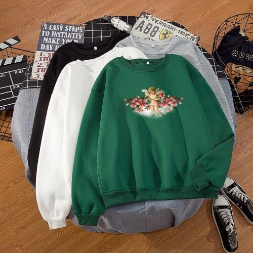 Kpop Flower Angel Hoodie for Ladies Harajuku Sweatshirt Funny Aesthetic Angel Graphic Top Hoodies Women Crewneck Vintage Clothes