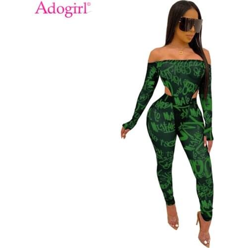 Adogirl Letters Print Sheer Mesh Two Piece Set Women Sexy Off Shoulder Long Finger Sleeve Bodysuit + Pencil Pants Sexy Club Suit