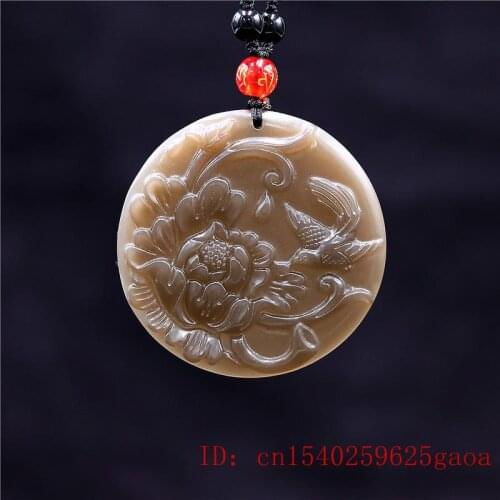 Brown Jade Rose Pendant Flower Amulet Women Carved Necklace Natural Fashion Bird for Gifts Chinese Jadeite Charm Jewelry