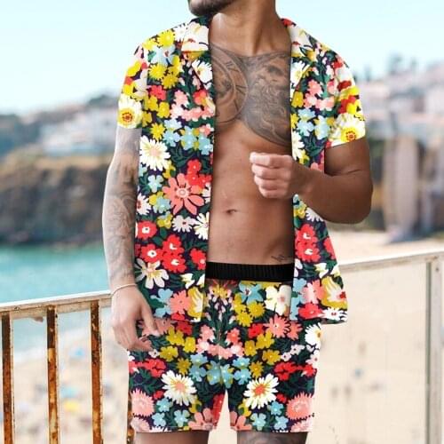 Summer mens printed suit Hawaii short-sleeved casual shirt breathable shorts holiday beach mens suit 2 pieces of streetwear