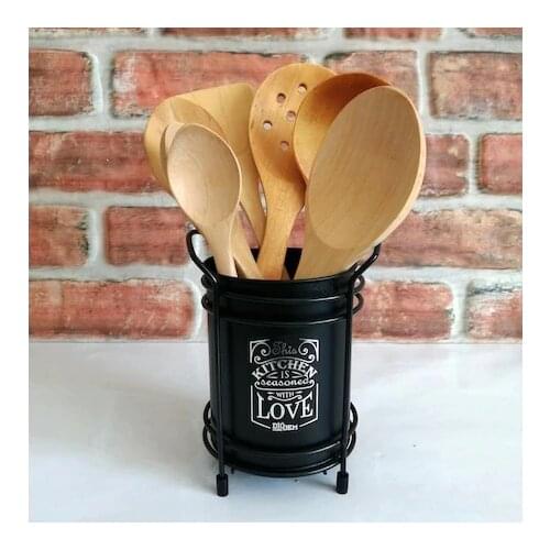 Kitchen Supplies Wood Tools Bucket Spoon Spatula Colander Set Metal Standing Natural Kitchen Tools Old Retro Kitchen