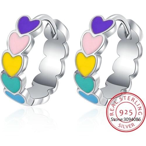 Genuine S925 Sterling Silver Rainbow Color Enamel Heart Hoop Earrings for Women 2021 New Ear Hoops Female Fine Jewelry