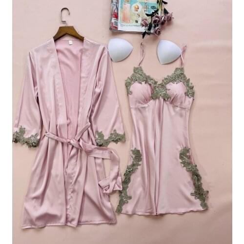 Bride Bridesmaid Wedding Gown Sexy Sleepwear Kimono Gown Women Robe Satin 2 Piece Sleep Set Lace Nightwear With Pads Nightdress