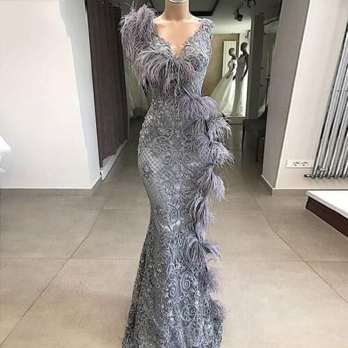 New Arrivals Long Lace Mermaid Evening Dress Long V Neck Feathers Formal Prom Dresses Robe de soiree Women Party Dresses