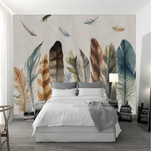 Custom 3d wallpaper non-woven murals modern Nordic hand-painted colored feather TV background wallpaper for bedding room