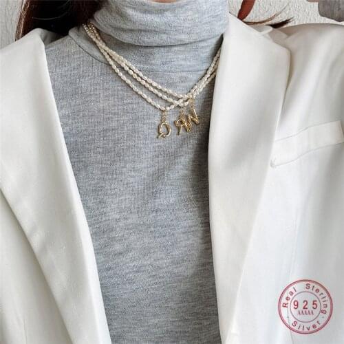 HI MAN925 Sterling Silver Japanese Fresh Water Pearl 26 Letter Pendant Beaded Necklace Women Fashion Texture Gift Jewelry