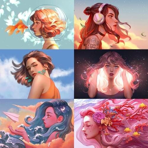 QIZHENG Full Square/Round Cartoon Girl Portrait Diamond Painting 5D DIY Diamond Mosaic Home Decoration Holiday Gift Explosion