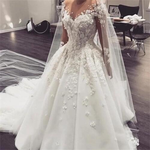 Luxury Pearls Beads 3D Lace Ball Gown Wedding Dresses Mariee Sexy Illusion Long Sleeve Wedding Bridal Gowns Vestido De Noiva
