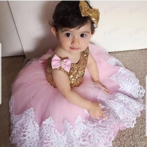 Pink Lace Flower Girl Dresses With Gold Sequined Ball Gown Tulle Little Girl Wedding Dresses Vintage Communion Pageant Dresses