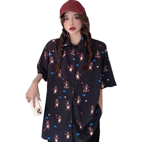 Summer Shirt Women Harajuku Loose Short Sleeve Square Collar Blouse Cartoon Bear Print Casual Single Breasted Straight Man Shirt