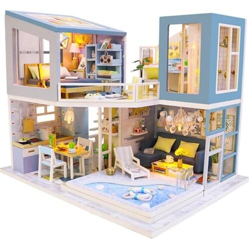 DIY Assembly Miniature 2-Floor Doll House LED Model Table Decoration Kids Toy