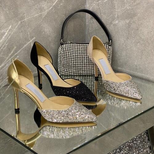 Casual Designer High Heels For Women Gold Glitter Strass Pointy Toe Stiletto Stripper Bridal Wedding Shoes Prom Evening Pumps