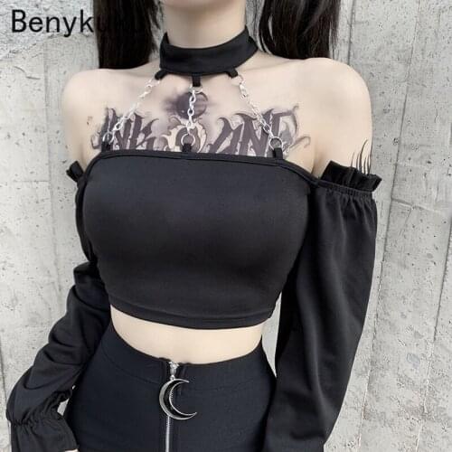 Harajuku Streetwear Bodycon Off Shoulder Long Sleeve Tops Gothic Black Crop Tops Sexy Backless T-Shirts Punk Chain Matal Tees