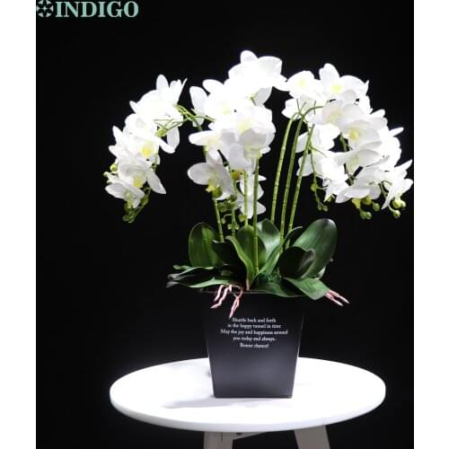 Yellow Orchid (7Pcs Orchid+5Pcs Leaves+Moss+Pot) DIY Flower Arrangment Real Touch Flower Office Decoratio Centerpiece INDIGO