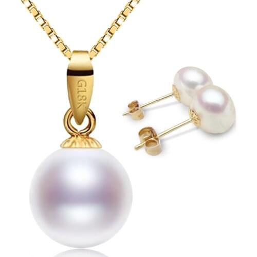 [NYMPH] Pearl Jewelry Set Real 18K Gold Earrings & Pendant 8-9mm Natural Freshwater Brands Jewelry Wedding With Box [T223]
