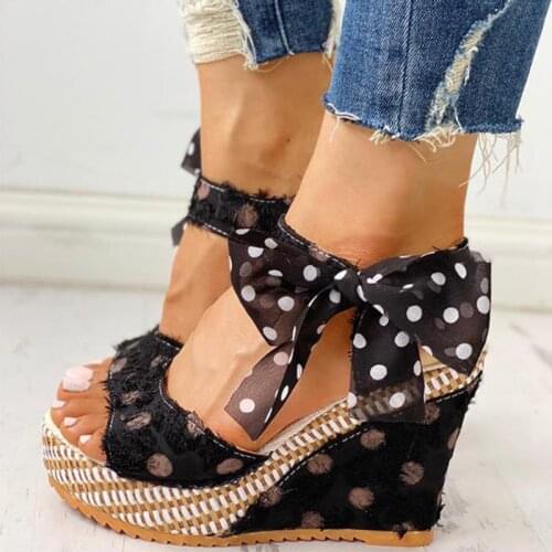 2021 Casual Women Sandals Polka Dot Bowknot Design Platform Wedge Heels Women Casual High-Top Shoes Women Fashion Ankle Strap O