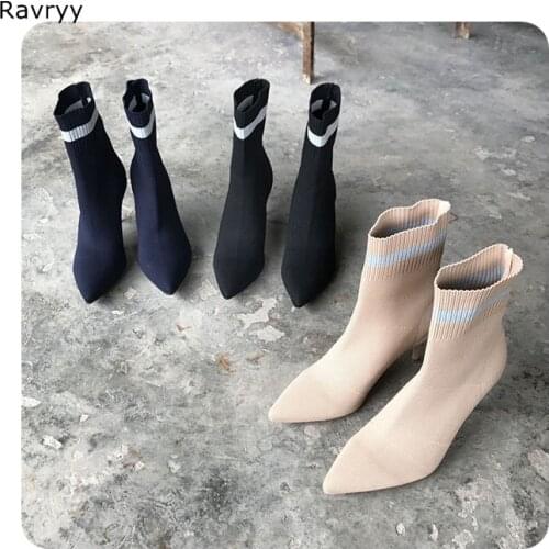 Elastic Knitting wool Woman Ankle Boots Black Female Short Boot white stripe pointed Toe Slip-on Thin Heel Autumn Winter Outfit