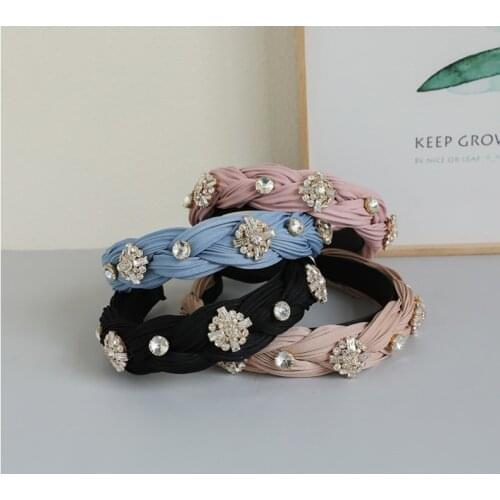 Women hairbands solid color pleated fabric diamond-studded pearl twist braid womens wide brim headbands