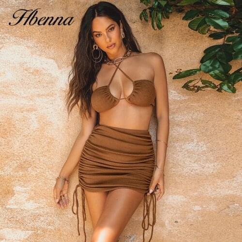 Hbenna Elegant Women 2 Piece Set Side Drawstring Skinny Halter Tank Top And Ruched Skirt Sexy Summer Fashion 2021 Streetwear