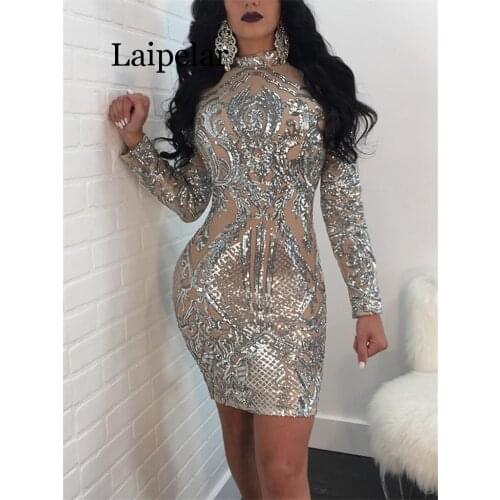 Long Sleeve Women Sequin Dress Autumn Winter Silver Sparkly Bodycon Dress Elegant Sexy Night Club Celebrity Glitter Party Dress