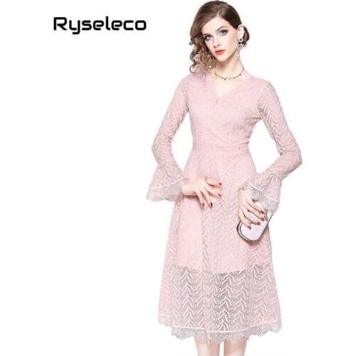 Autumn 2018 New A-Line Pure Color Midi Party Dress Women Elegnt Lace Hollow Out Big Swing Slim Chic Quality Midi Casual Dresses