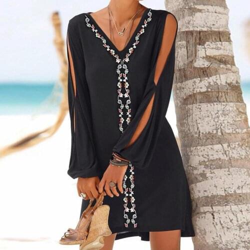 Long Dress Elegant Vintage Women Summer Office Casual Loose Embroidery Floral Above Knee Fashion V Neck Sexy High Street robe