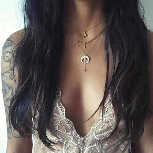 Boho Fashion Vintage Gold Necklaces For Women Crystal Sun Sorns Sequin Pendant Necklace Multilayer Female Jewelry Valentine Gift