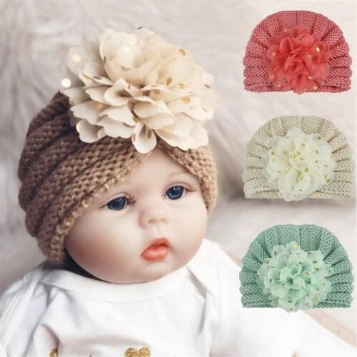 2020 Winter Soft Cute Newborn Baby Flower Design Girls Knitt Caps Infant Hat Turban Elastic Cap