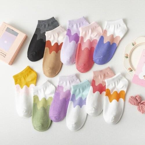 1 Pair Women Socks Wave Pattern Cotton Ankle Girls Candy Colors Fashion Cute Short Socks Lady Girl Streetwear Style Sock