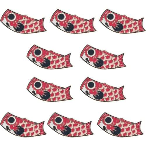 10pcs Japanese-Style Red Koi Fish Flag Brooch Enamel Pin Bag Clothes Jewelry Decorative Lapel Pins Badge For Friends Kids Gifts